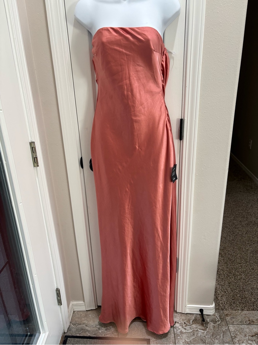 Lulu's Strapless Satin Maxi Dress in Coral Rose